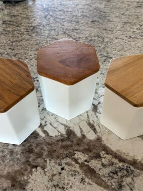 Set of 3 Hexagonal White Porcelain Canisters with Wooden Lids